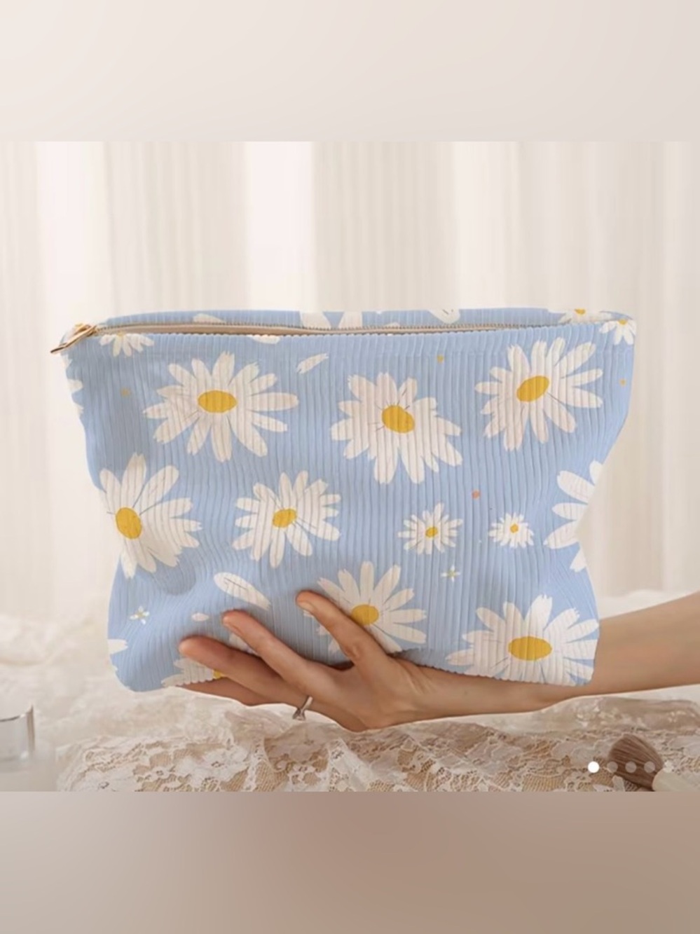 NEW Blue Daisy Corduroy Makeup Bag | Floral Cosmetic Pouch Travel Organizer